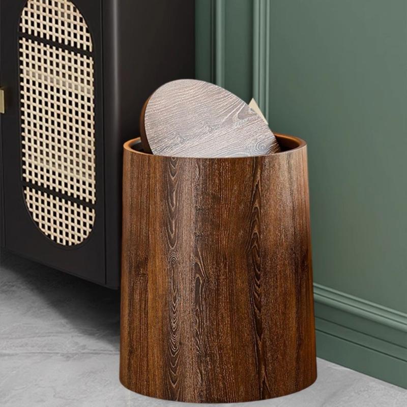 Retro Wood Grains Trash Can Durability Plastic Waste Bin Holders With 360Degree Flips Lid For Kitchen Bathroom Bedroom Dorm
