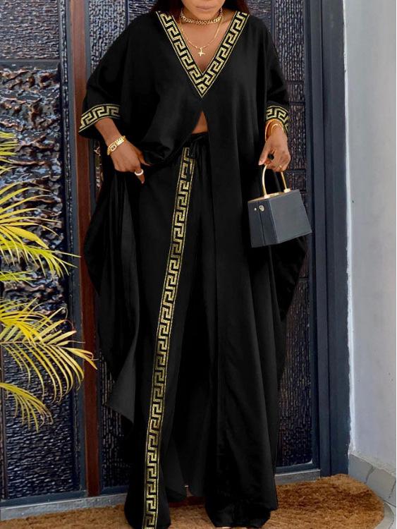 2025 New Loose Casual Two-Piece Homewear: V-Neck Button Print Top & Drawstring Long Pants