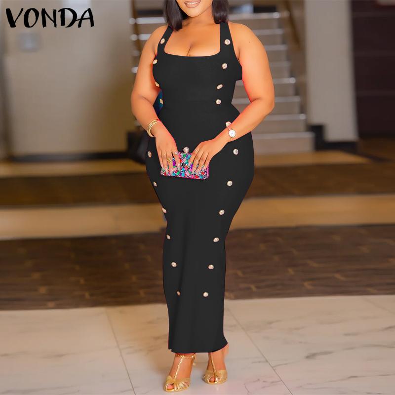 VONDA Женские летние модные платья с U-образным вырезом без рукавов и пуговицами — фото 3