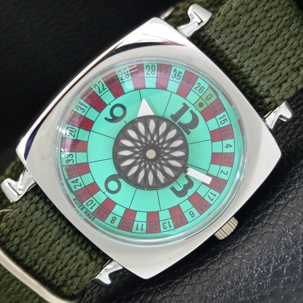 VINTAGE HAND-WINDING SWISS POKER FACE MENS REFURBISHED SEA GREEN WATCH a700937-5 R205a-a700937