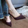 2025 Autumn New Pointed Purple Thin Heel High Heel Light Mouth Rhinestone One Word with Satin Sandals Half Drag Sandals Women
