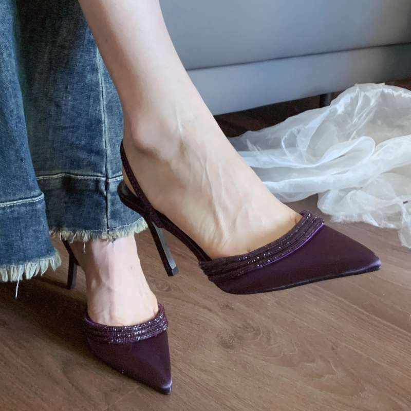2025 Autumn New Pointed Purple Thin Heel High Heel Light Mouth Rhinestone One Word with Satin Sandals Half Drag Sandals Women