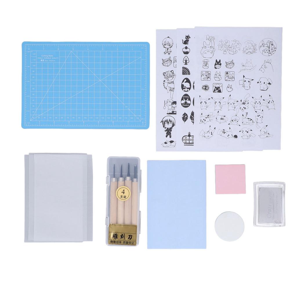 Rubber Stamp Carving Blocks Set A5 Blue Pad Incisive Knife DIY Comfortable Handle Washable Printing
