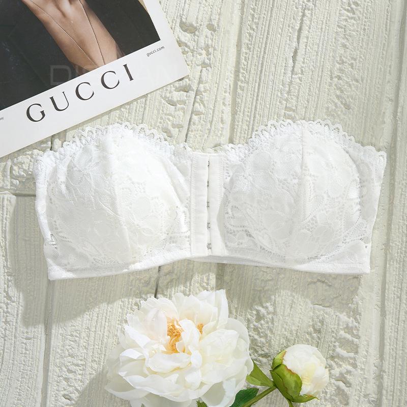 Front-Buckle Lace Strapless Women's Tube Top: Enhances Bust, Non-Slip, Breathable, Beautiful Back, White.