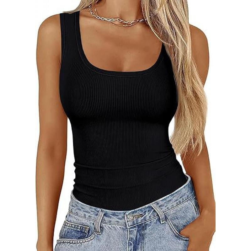 Women's Square Neck Ribbed T-Shirt Sleeveless Stretch Slim Basic Tank Tops for Hot Girls