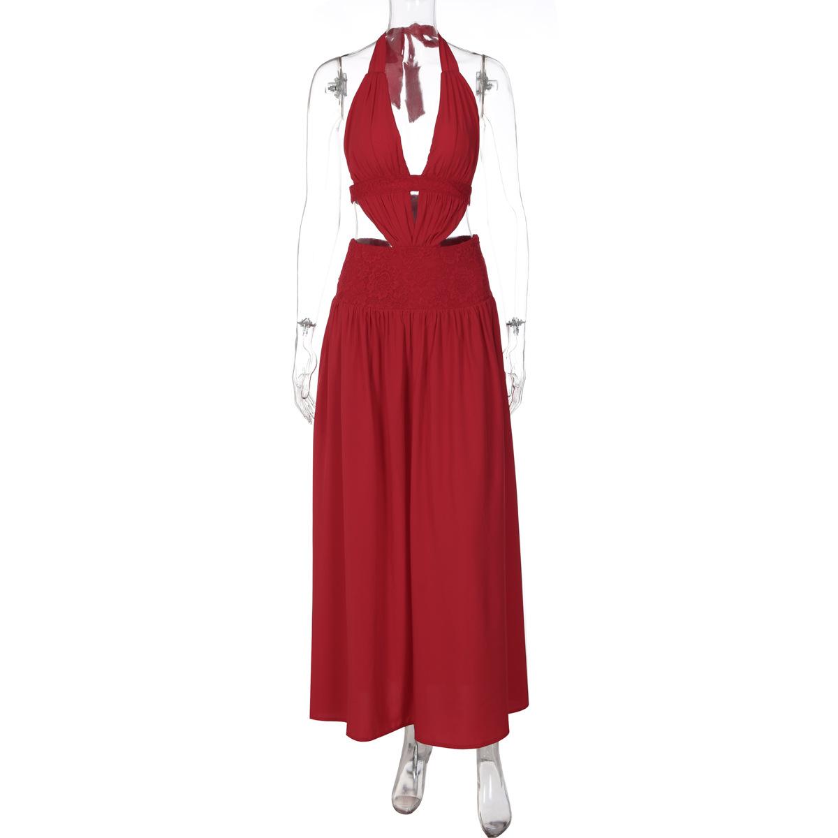 European American Style Halter Backless Lace Patchwork Large Swing Long Dress For Women S