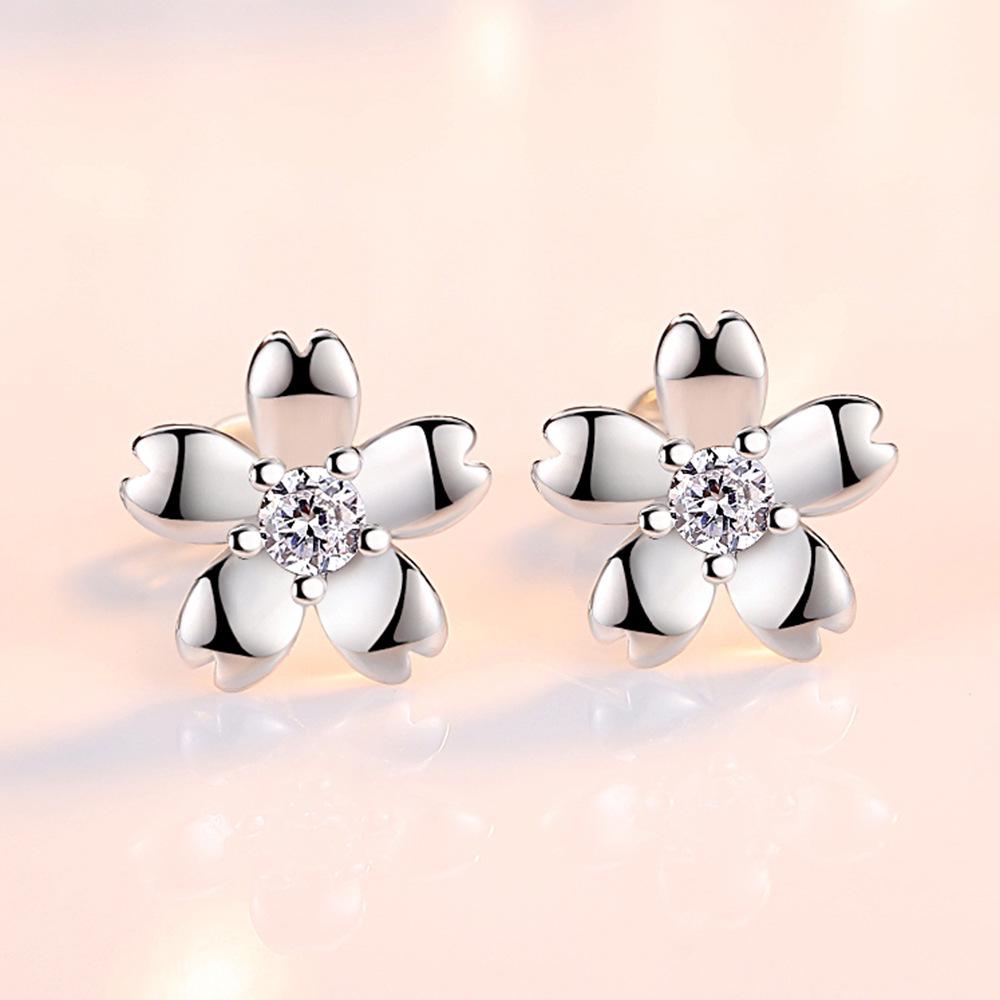 Guochao Peach Blossom Rose Flower Earrings with Pink Diamond-Plated Silver Studs for Women