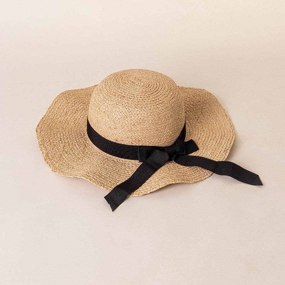 Spring and summer new bow raffia large brim black edge wavy brim fashion leisure beach travel sun protection
