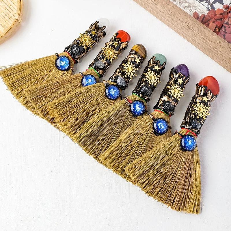Exquisite Natural Crystal Column Point Stone Broom Handmade Mini Witch Broom Ornaments Rough Stone Broom Craft