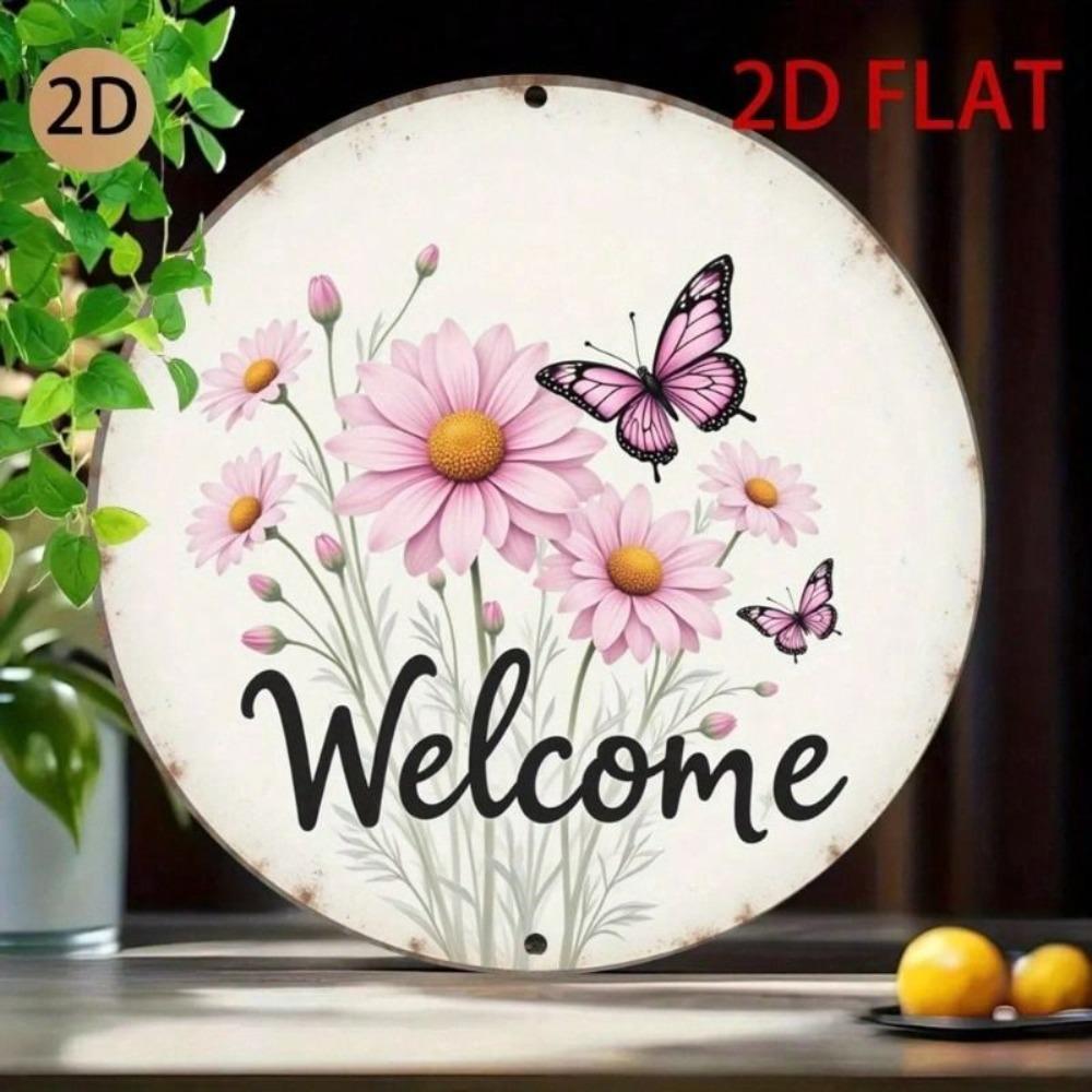 Round Metal Welcome Sign with Butterfly and Flower Decor for Garden Patio
