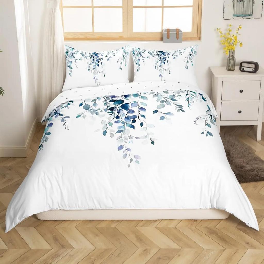 Bettdecke Tuschemalerei Stil Queen King Size Modern Schlicht Aquarell Pflanze Blatt Bettwäsche Set Kinder Erwachsene Damen 3-teiliges Set