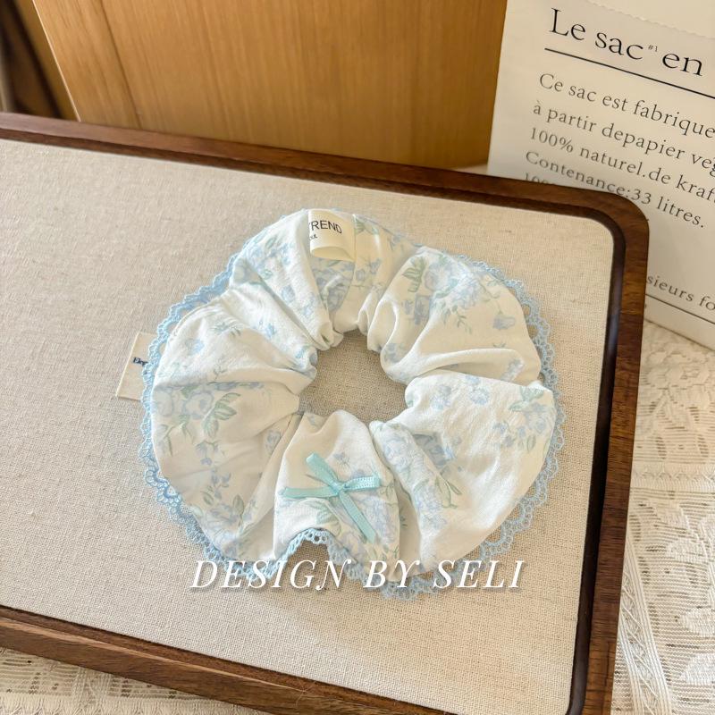 Tranquil Garden Heart & Flower Korean Style Scrunchie in Milk Blue & Pink