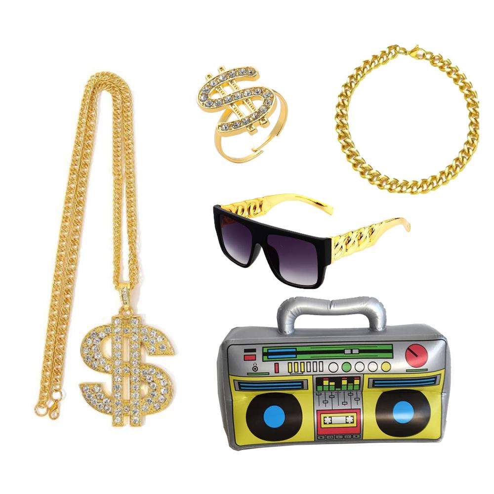 5pcs Disco US Dollar Pendant Full Diamond Rotatable Match Cuban Chain Necklace Hip Hop Choker Trendy Jewelry for Men and Women