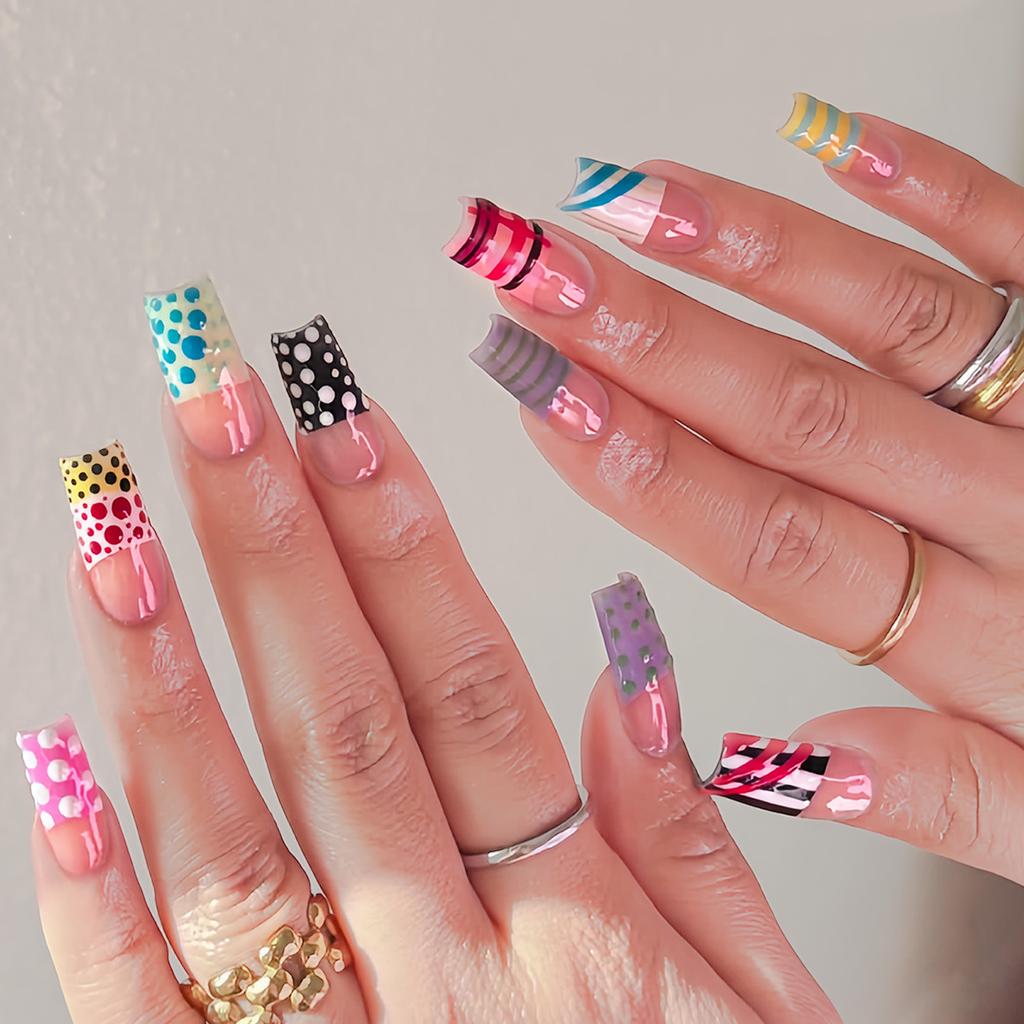Polka Dot Lines Pink Square False Nails 24 Pieces Fashionable Design For DIY Manicure