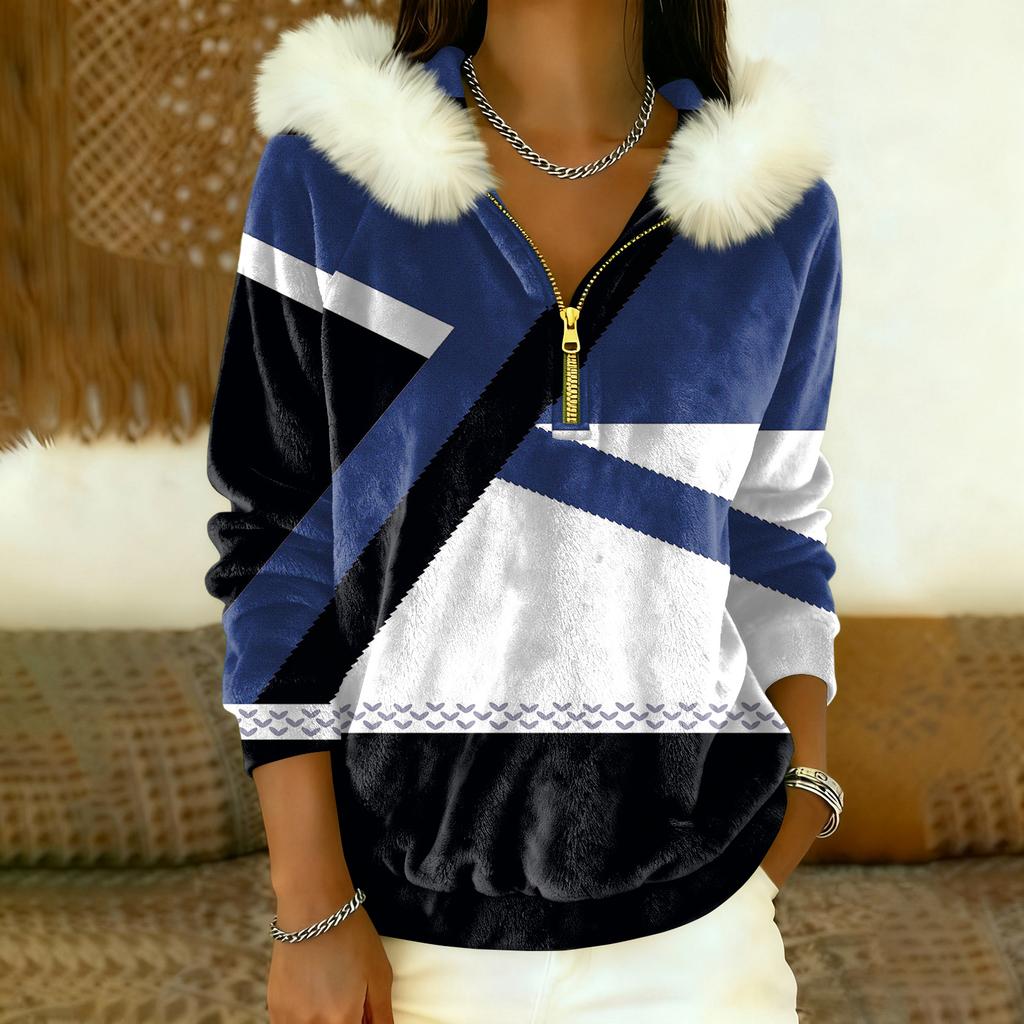 Women's Loose And Comfortable Casual Fashion Half-Zip Hooded Long Sleeve Conventional Printing Top