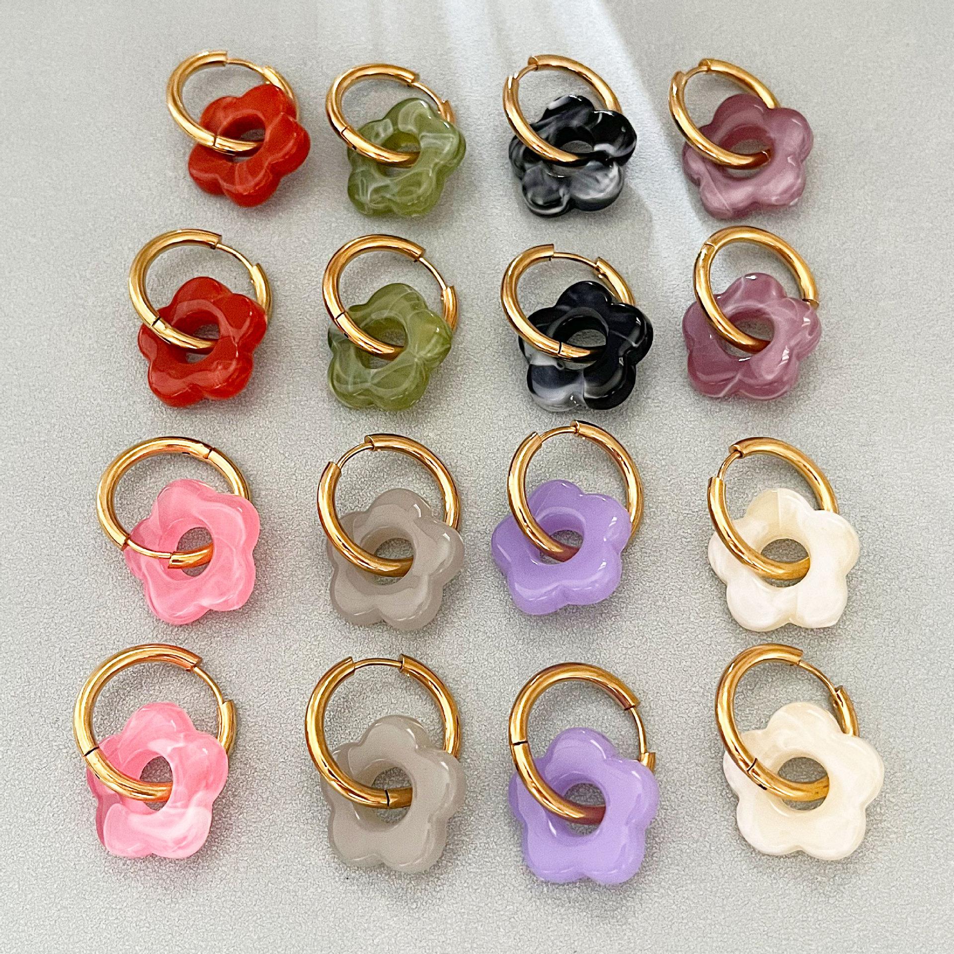 

Flower Resin Drop Earrings Round Circle Stainless Steel Ear Buckle Hoop Earring for Women Jewelry Gift темно-зелений колір