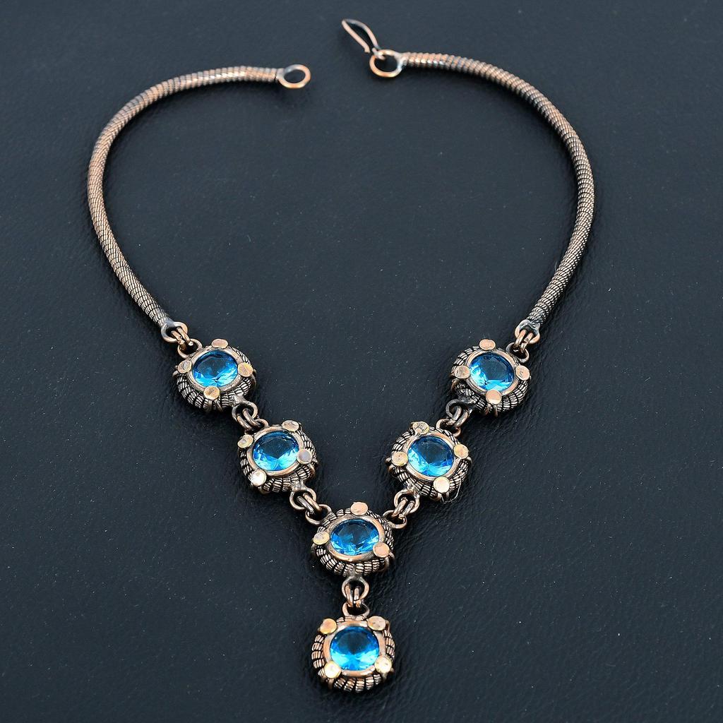 Blue Topaz Necklace Handmade Jewelry, 999 Copper Wire Wrapped Necklace Designer Gemstone Jewelry Adjustable Chain Necklace Gift For Mom