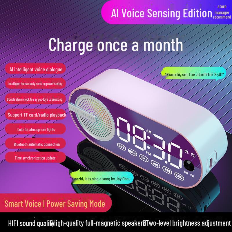 Portable Luminous Bluetooth Speaker & Alarm Clock with Rechargeable Battery for Bedroom/Student Use