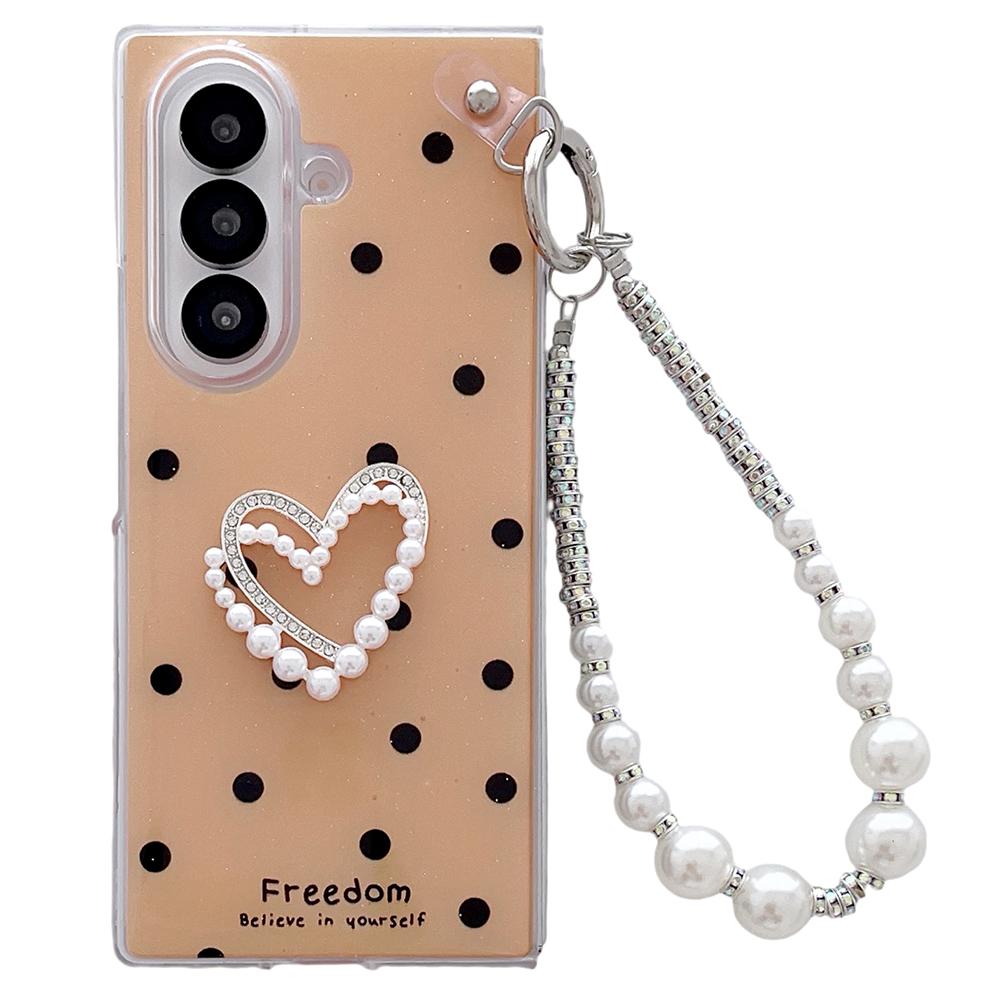 For Samsung Galaxy Z Fold7 5G Case Glitter DIY Heart Charm Phone Cover with Wrist Strap