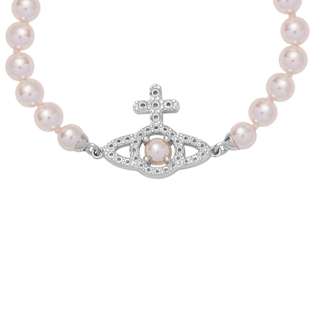 Vivienne Westwood Olympia Pearl Bracelet Cross Crystal Saturn Pattern Plated Gold Pearl Bracelet Women bracelet Silver 6103007R02P373