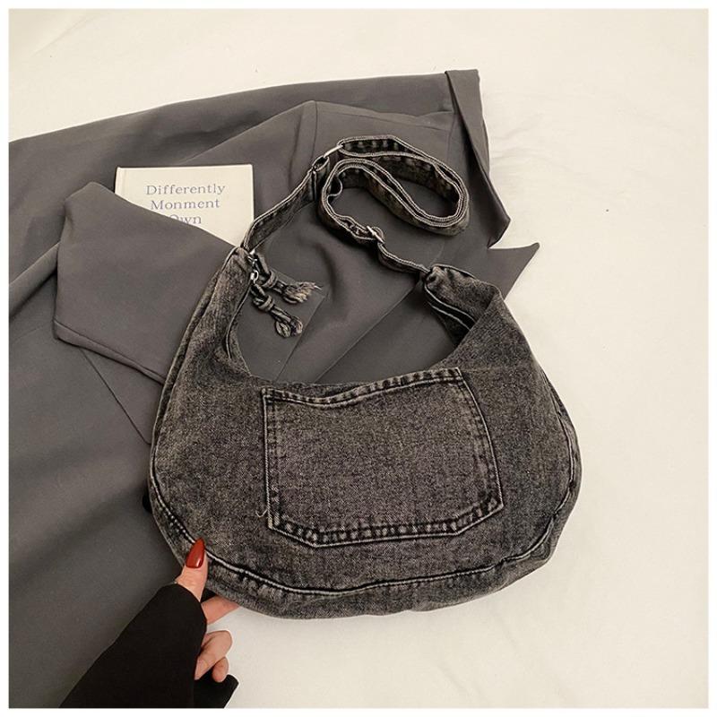 

New denim women s bag casual simple literary large capacity solid color retro lazy wind crossbody shoulder bag чорний