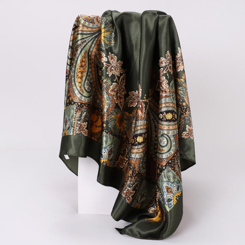 90Cm silk scarf square scarf high-end street shawl retro printing satin bag head scarf scarf 90cm
