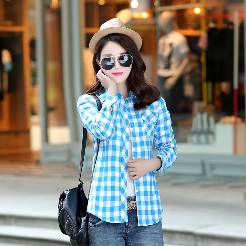 New Cotton Women's Shirts Grid Plus Size M-5XL Blouse Shirt Casual Long Sleeve Checkered Shirt  Turn-down Collar Streetwear