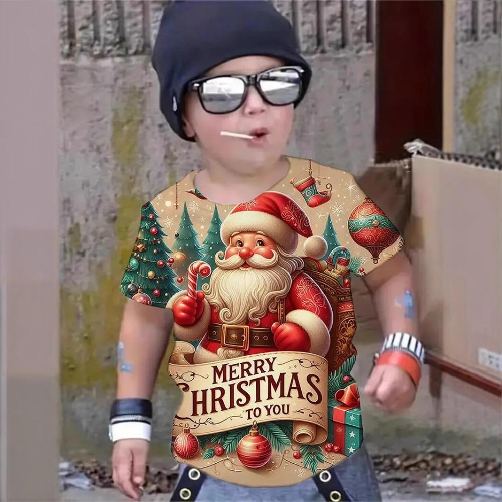 Fashionable Summer Children's T-shirt Colorful Christmas Collection Animals Printing Soft Comfortable Breathable Round Neck Short Sleeved T-shirt