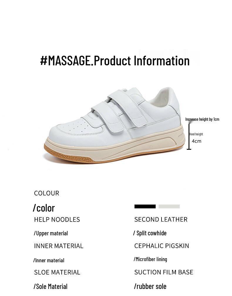 Women's White Platform Sneakers - 5cm Height Boost, Autumn Casual, Velcro, Thick Sole, Genuine Leather.