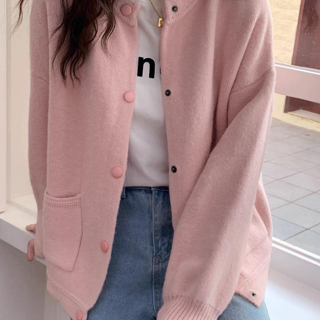 Women's Pink Korean-Style Loose Fit Cardigan - Soft, Long-Sleeved, Perfect for Autumn and Winter