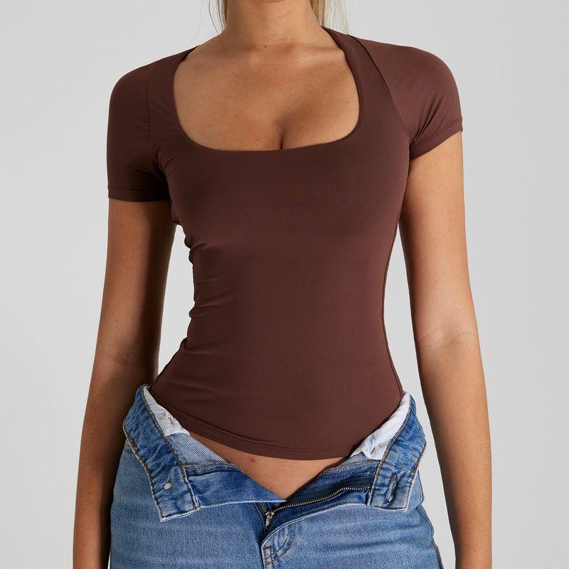 

Foreign Trade New High-Grade Sense Slim fit Yoga Clothes Top Women Shawl Short sleeve Sports T-shirt Quick-Drying Running Workout Clothes Dark brown XL