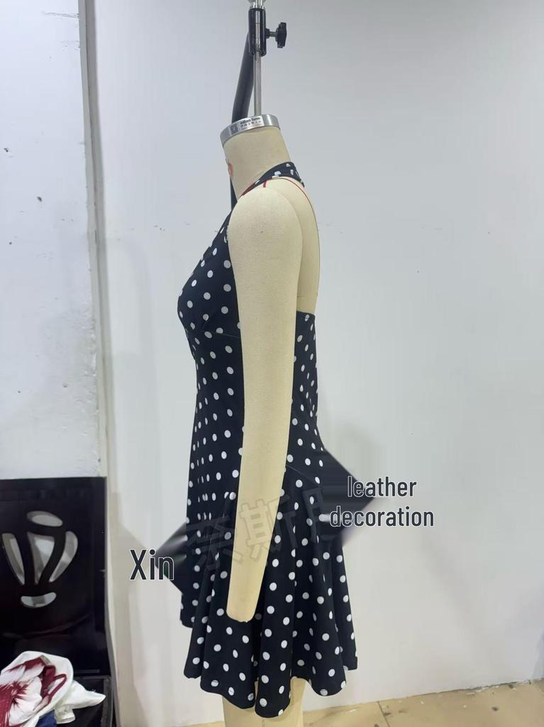 2026 Cross-border Sleeveless Halter Deep V Polka Dot Open Back A-line Mini Dress for Women