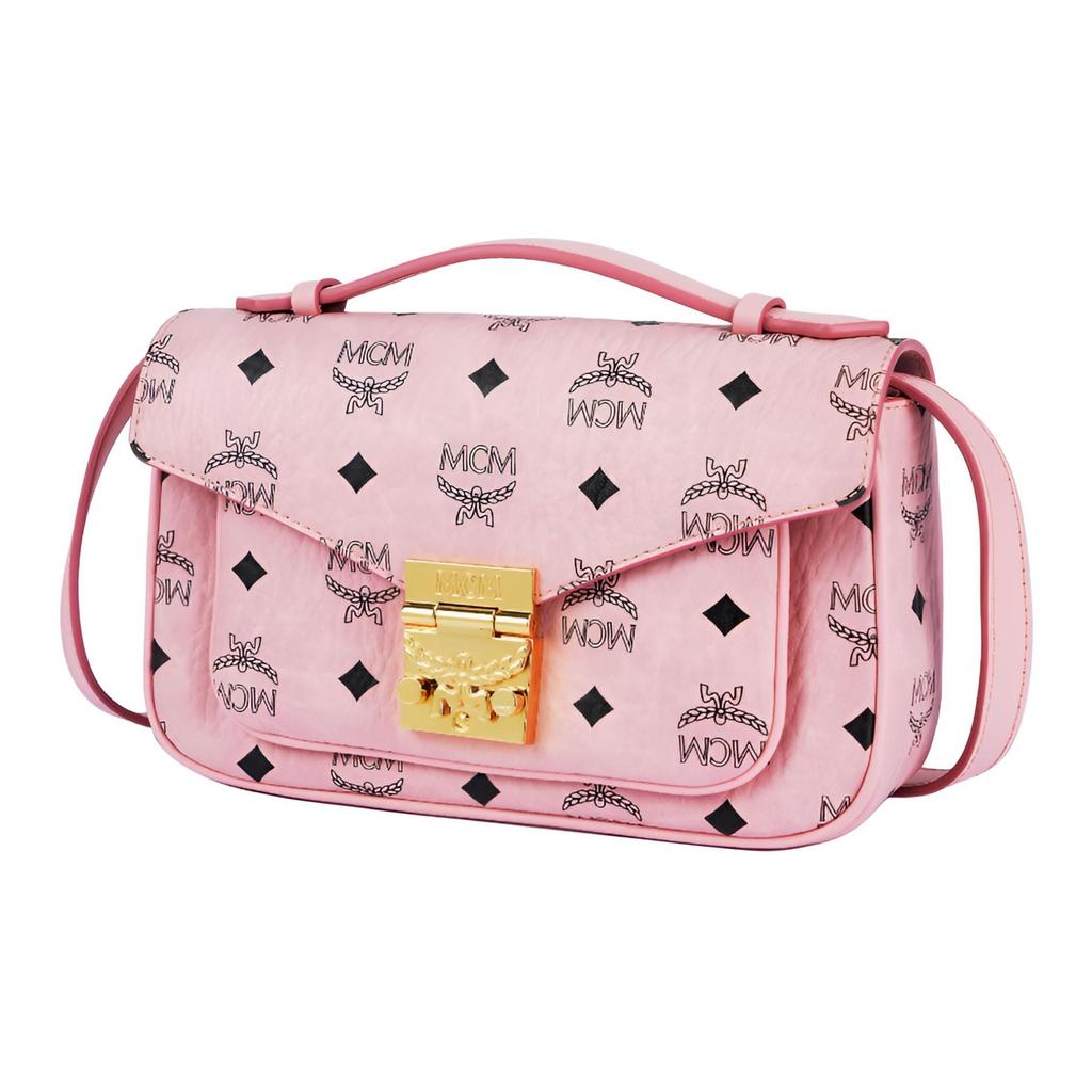 MCM Pink Visetos Leather Flap Top Handle Satchel Crossbody Bag with Gold Hardware for Daily Use