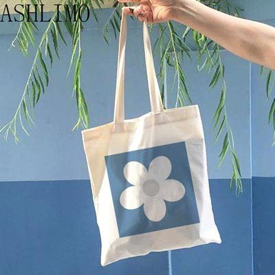 Retro Flower Printing Women Canvas Tote Bag Reusable Shopper  Korea Style Aesthetic Student Book Handbags Elegant Ladies Bag