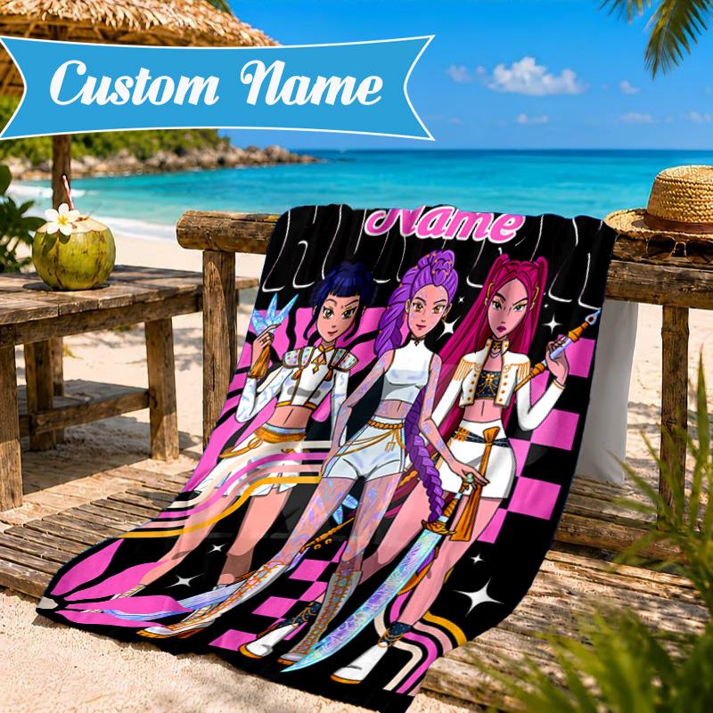 Custom Name KPop Cartoon Beach Towel Microfiber Beach Towel, Lightweight and Quick-Dry, for Summer Travel, Swimming Pool Gift