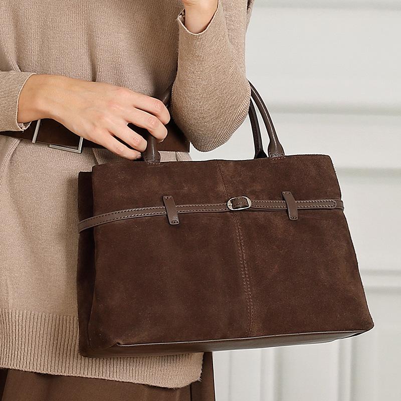 Oversized Suede Leather Briefcase Spacious Handheld Shoulder Crossbody Bag Women Slouchy Commuting Premium Light Luxury Handbag