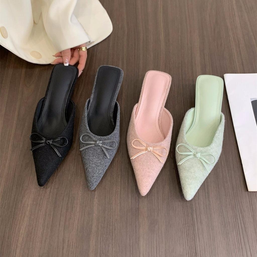 French temperament suede bag head half slippers fairy shoes wear 2025 new spring and summer pointed half tray single shoes