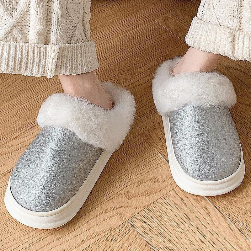 Fashion Fashion Shiny Sequins Cotton Slippers Women Round Toe Platform Cotton Slippers Woman Winter Non Slip House Fur Slides Lady