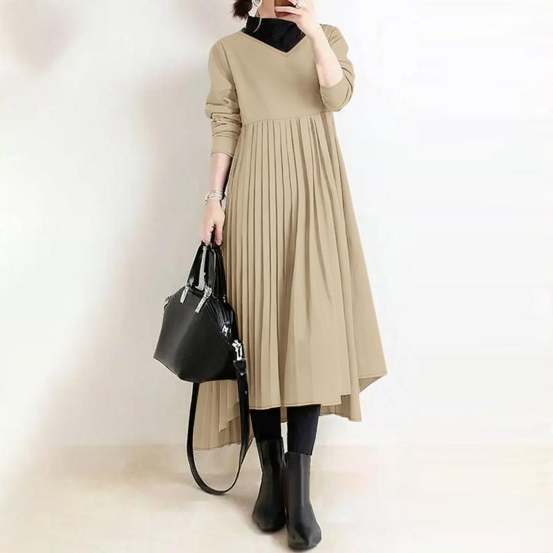ZANZEA Women Casual V-Neck Solid Color Long Sleeve Loose Dress