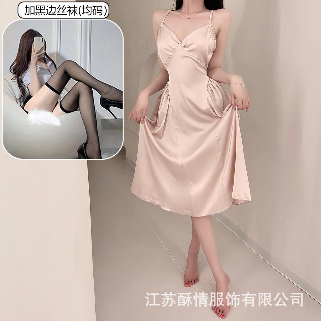 Crispy sexy suspender long hollow backless strap solid color low neck temptation casual nightdress home set