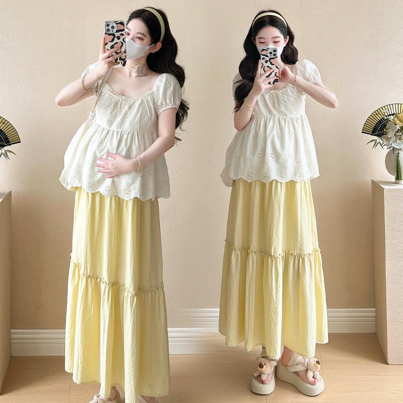 

2026 Summer Petite Maternity Embroidered Doll Shirt & Tummy Support Skirt Set 2XL