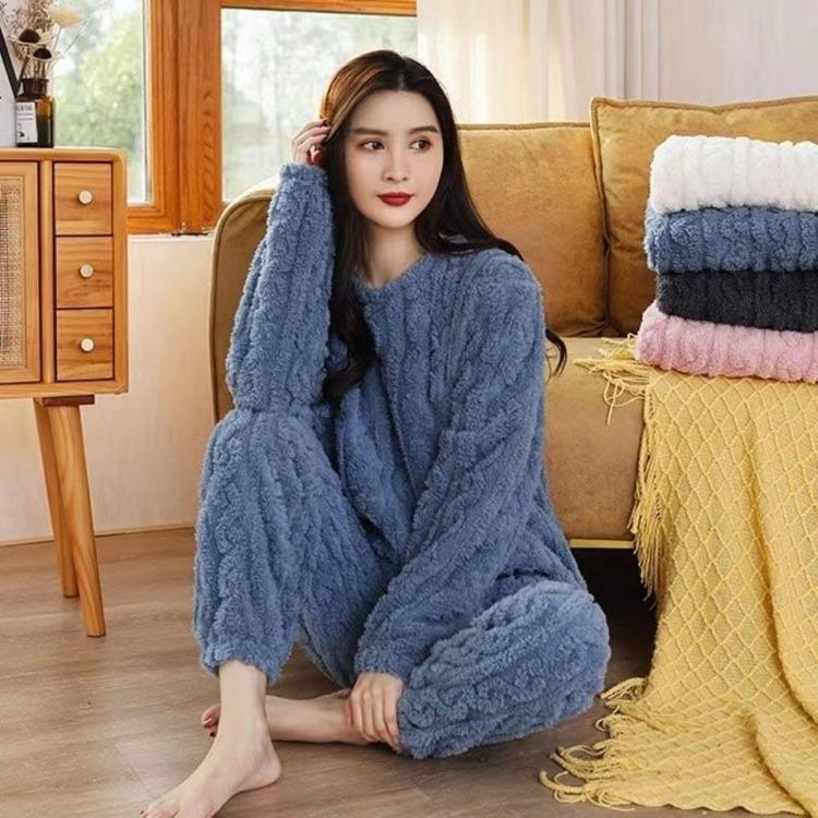 Warm Velvet Ribbed Fleece Pajama Set 2 Piece Women Autumn Pullover And Pants Casual Thicken Lounge Wear