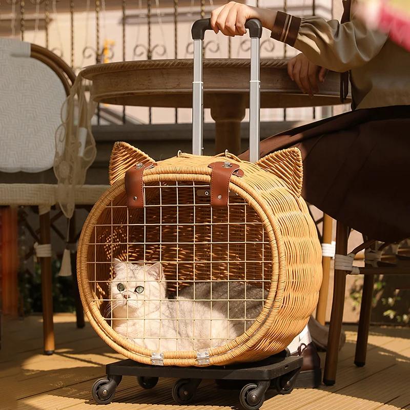 Trolley Cat Bag Going Out Portable Rattan Cat Stroller Breathable Case Going Out Shopping Supplies Pet Stroller Pet Products