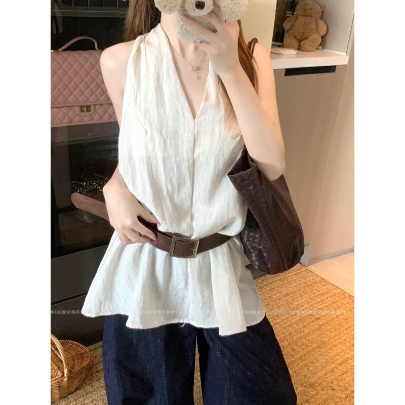 Kumikumi French Style Temperament White V-neck Vest Sling Women Clothes Summer Niche Versatile Waist Hugging Slimming Top