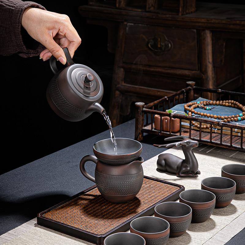 Purple Pottery Kung Fu Tea Set, Household High-End Living Room Retro Tea Cup Ceramic Purple Sand Cover Bowl Customization