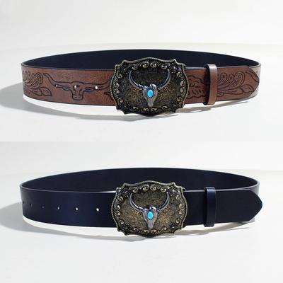 Vintage Western Denim Belt Cow Head Large Plate Buckle Denim Engraved Ethnic Style Male Punk Pu Leather Belt