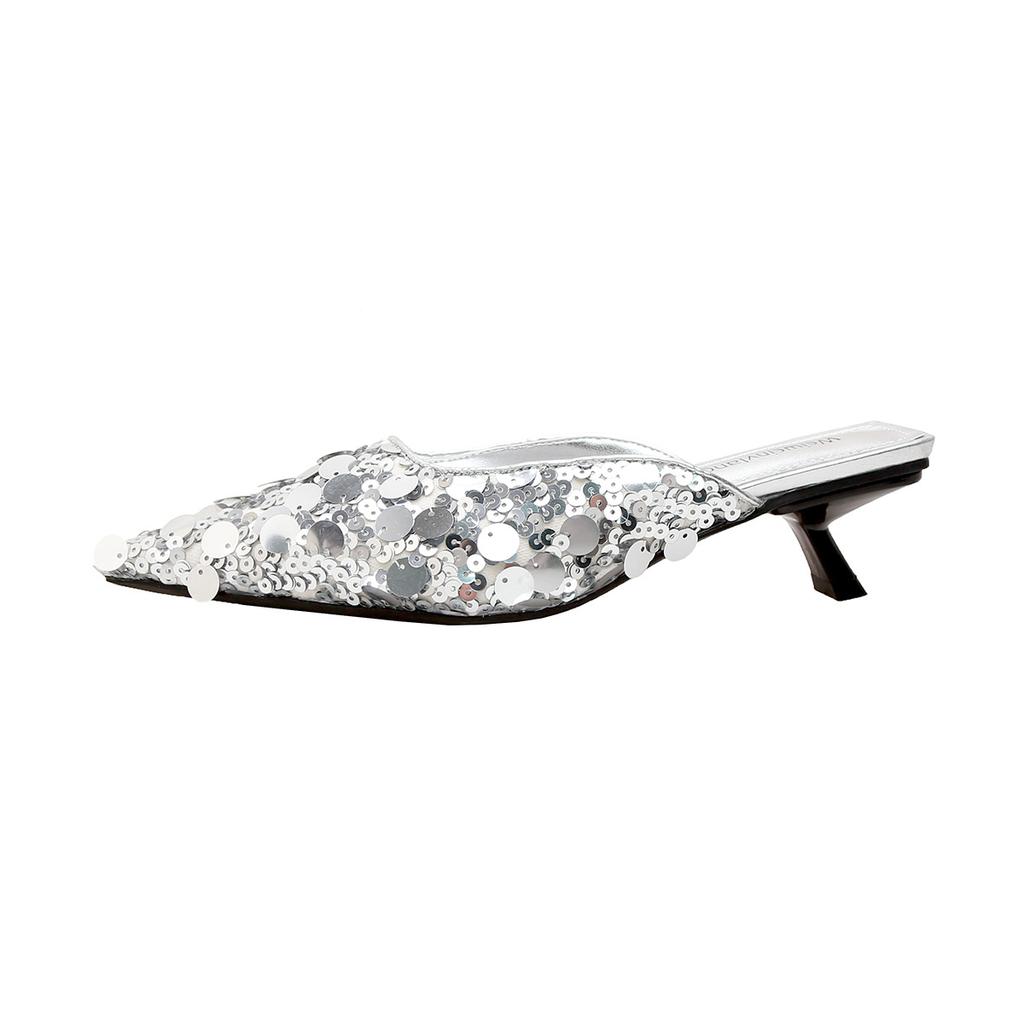 Pointed high heels women's summer sequins pointed stiletto one pedal bag head half slippers