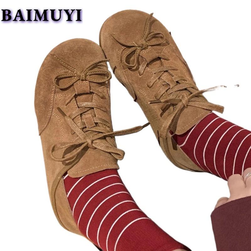 Bow Flats Casual Women Sneaker Suede Mules Shoes Woman Brand Loafers 2024 Autumn Lace Up Sport Lolita Dress Zapatillas De Mujer
