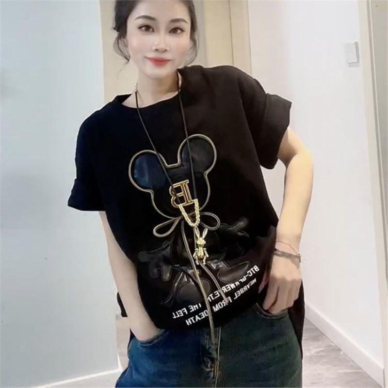 

Plus Size 2-300 Jin Mid-Length Loose T-Shirt for Women - Short Sleeve, Heavy Fabric, Thickened Fleece 3XL 200-250 jin чорний