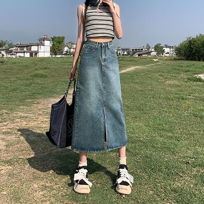 

Женская джинсовая миди-юбка с высокой талией - Лето 2025 Ретро облегающая А-силуэта Extra Small